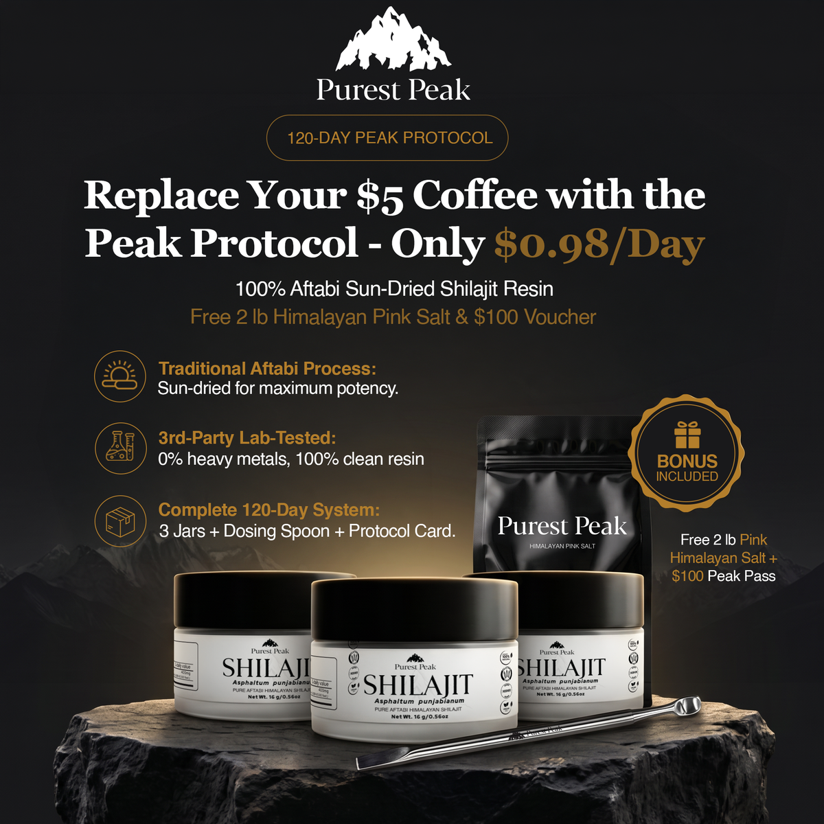 Three jars of Purest Peak Shilajit Resin with Himalayan Pink Salt